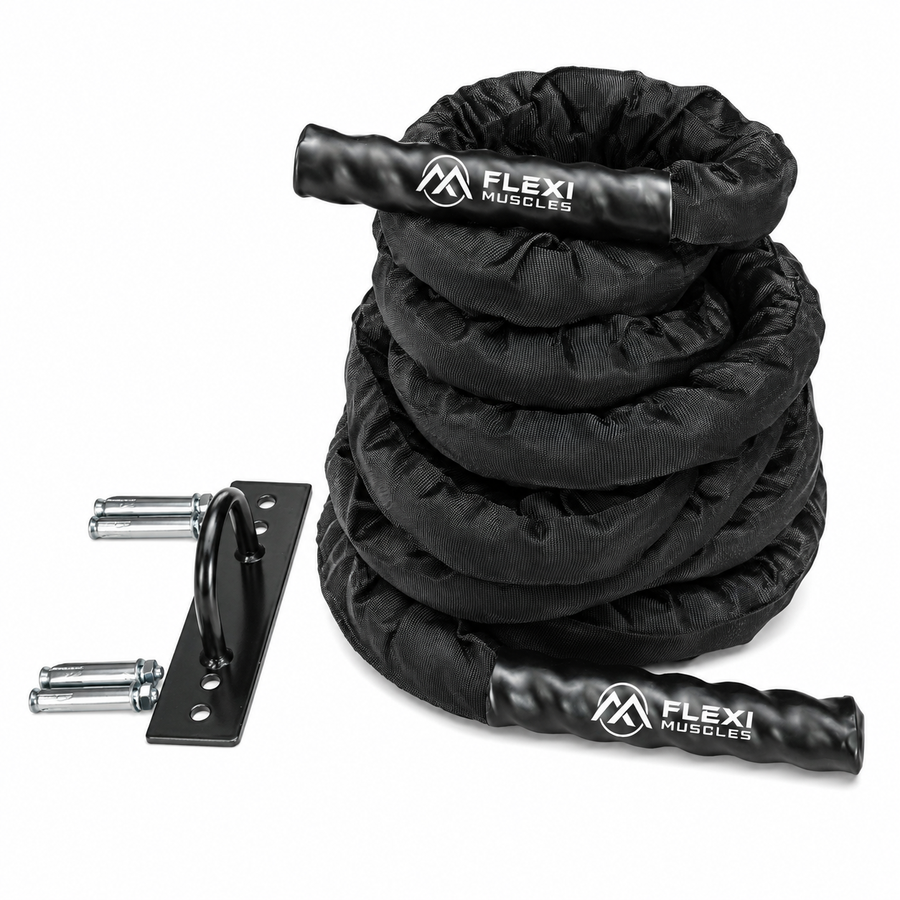 Flexi Muscles 38mm battle rope with black nylon protective sleeve, wall anchor bracket and bolts