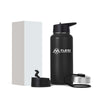 Black 946ml stainless steel water bottle by Flexi Muscles with its box and three interchangeable lids