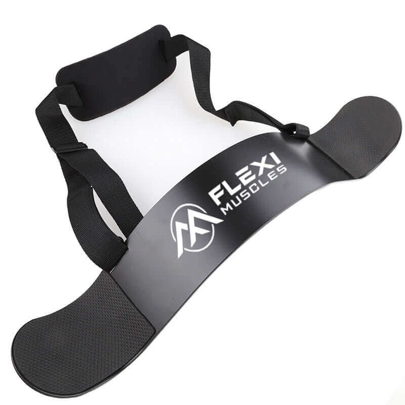 Flexi Muscles black arm blaster with padded neck strap and curved aluminium elbow plate