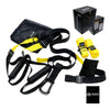 Flexi Muscles suspension trainer in yellow and black with handles, foot cradles, door anchor and mesh bag