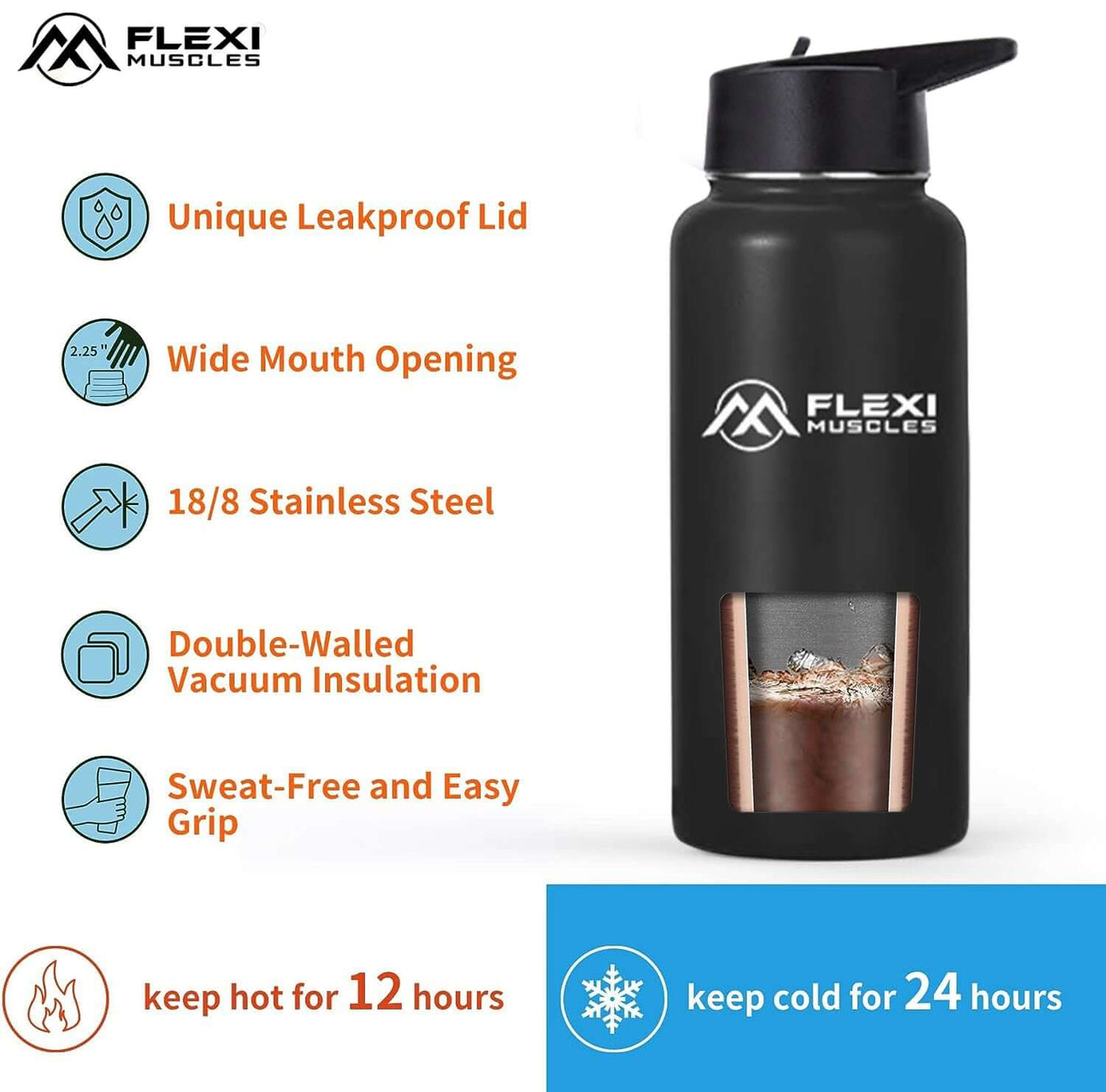 Flexi Muscles - 32oz(946ml) Insulated Stainless Steel Sport Water Bottle with 3 Lids.