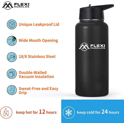 Flexi Muscles - 32oz(946ml) Insulated Stainless Steel Sport Water Bottle with 3 Lids.