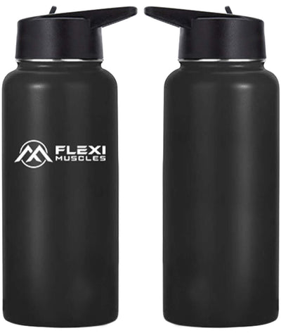 Flexi Muscles - 32oz(946ml) Insulated Stainless Steel Sport Water Bottle with 3 Lids.