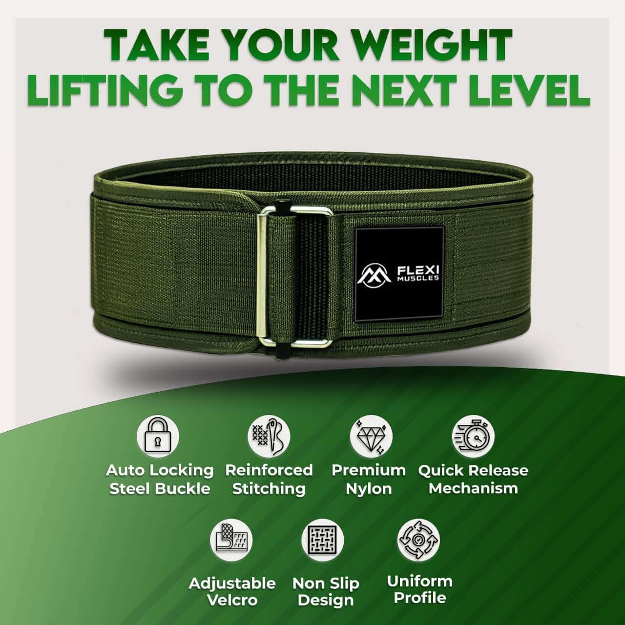 Flexi Muscles - Self-Locking Gym Belt for Power Lifting - Dark Green.