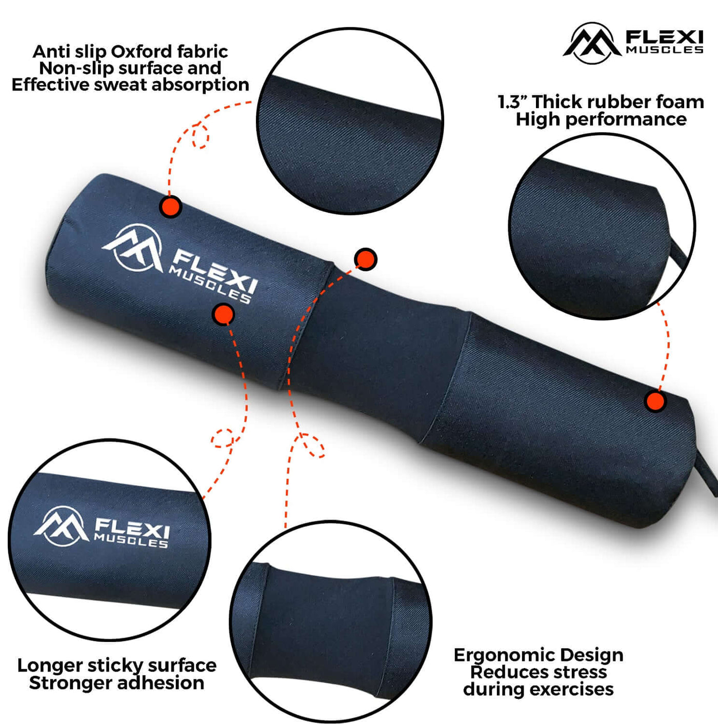 Flexi Muscles - Barbell Pad for Squats with Built-in Hook & Loop Straps