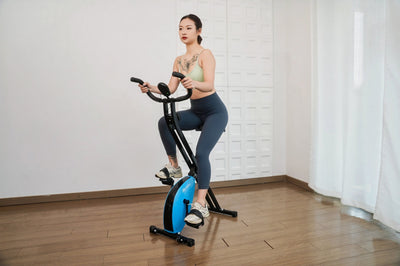 Foldable exercise bike with multiple resistance levels.