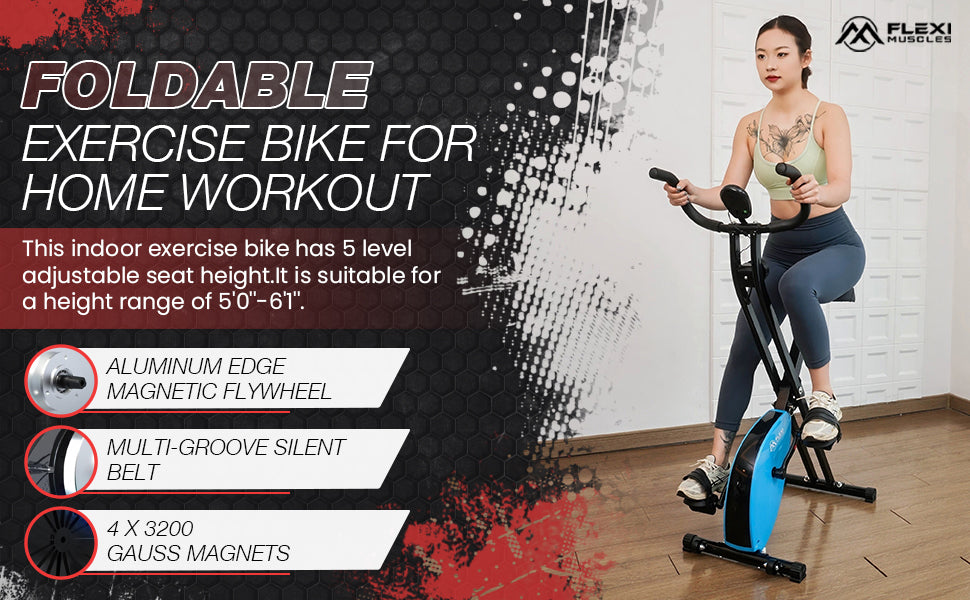 Foldable exercise bike with multiple resistance levels.
