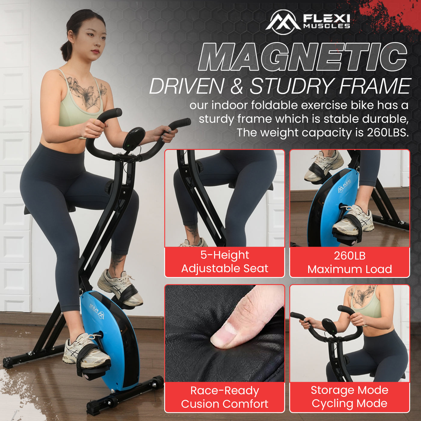 Foldable exercise bike with multiple resistance levels.