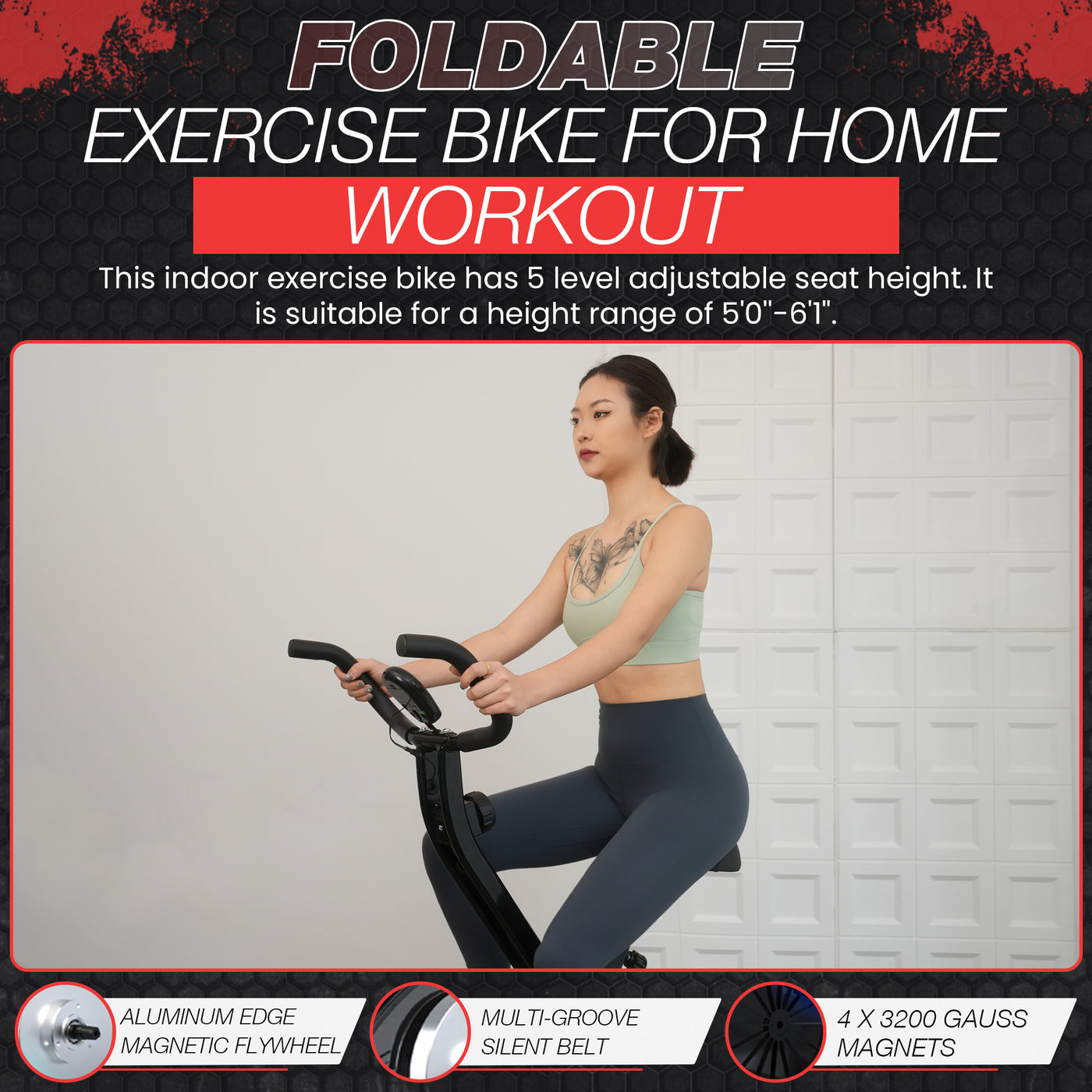 Foldable exercise bike with multiple resistance levels.