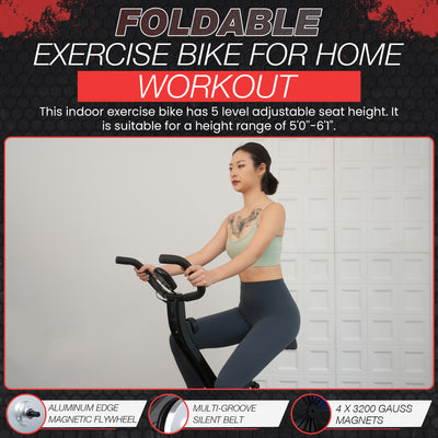 Foldable exercise bike with multiple resistance levels.