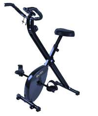 Foldable exercise bike with multiple resistance levels.