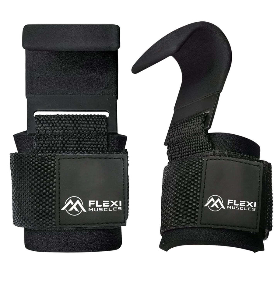 Black lifting hooks by Flexi Muscles, pair of padded neoprene wrist wraps with steel hooks