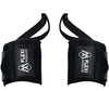 Pair of black wrist wraps for weightlifting by Flexi Muscles with thumb loops